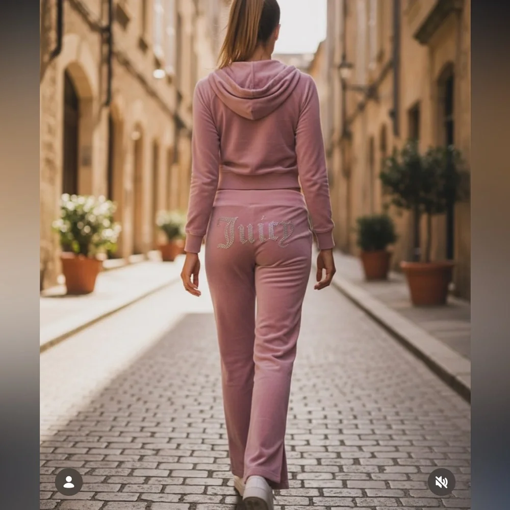 NEW! JUICY COUTURE Velour OG small Bling Tracksuit Set in pink